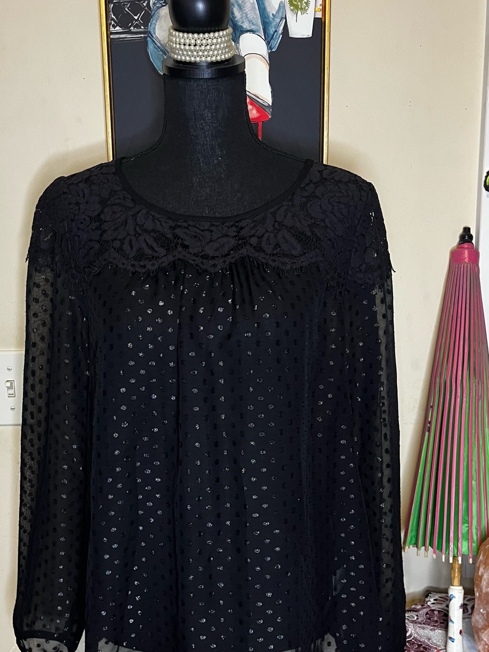 Black Lace Long Sleeved Sheer Blouse